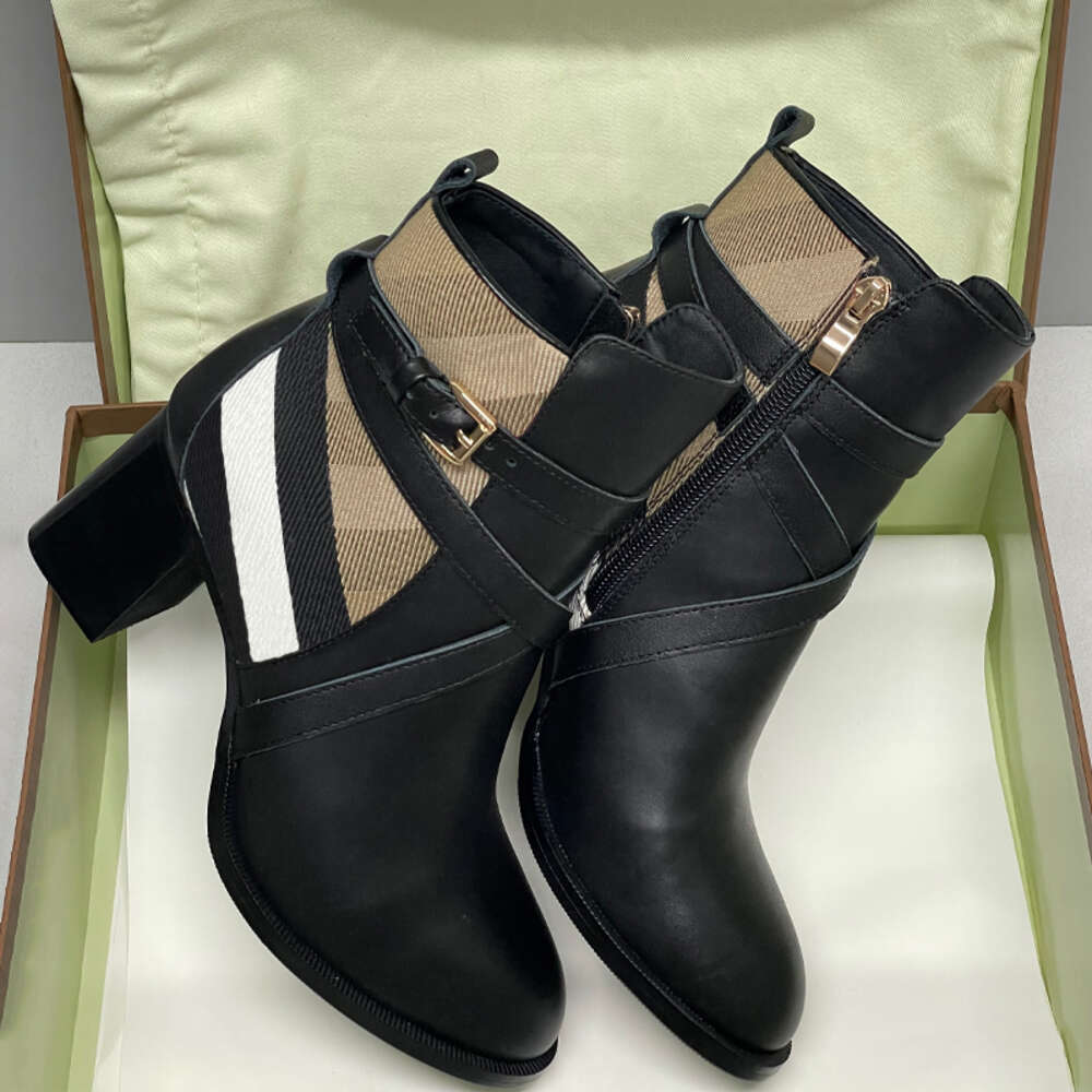 designer boots check leather ankle boots women martin boots low heel genuine leather warm booties snow shoes with box 633