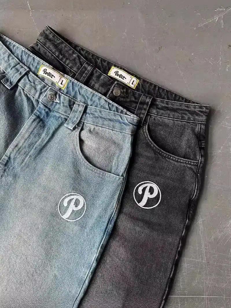 Mens Jeans Mens Baggy Casual Pants Womens Designer Wide Leg Men Street Shorts Retro Hip Hop Print Trend Fashion Black High-waist Jean Y2k