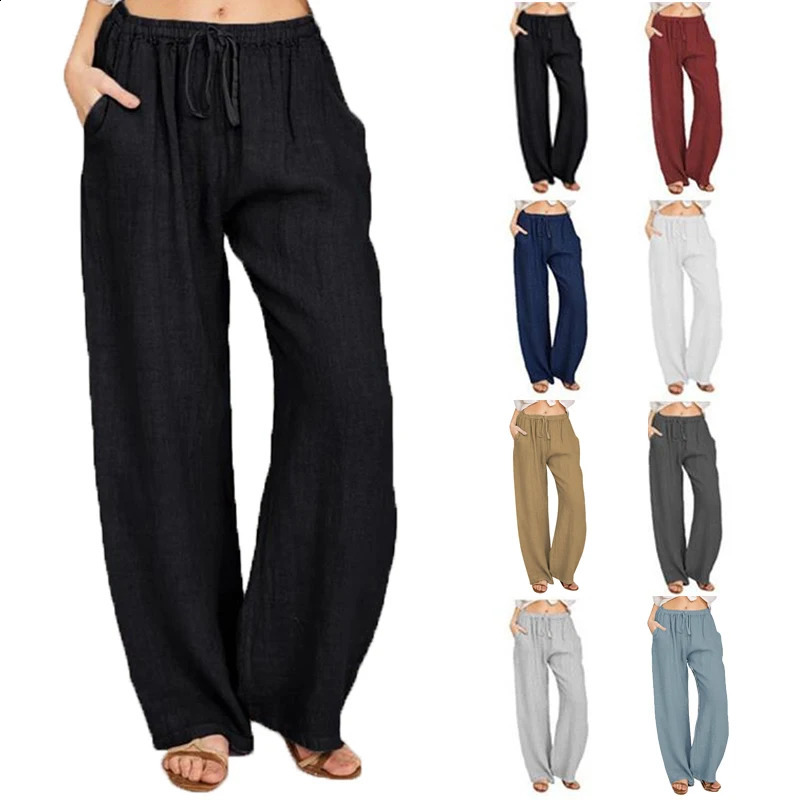 Epligg Summer Autumn Cotton Linen Wide Leg Pants for Women Pants Full Length Casual Pants Female Solid Loose Straight Trousers 240801