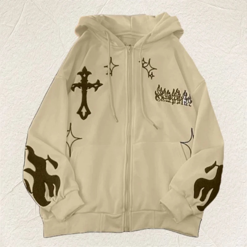 Y2K Women Zipper Chic Hoodies Fashion Autumn Winter Embroidered Oversized Sweater Coats Casual Holiday Loose Female Sweatshirt 240812