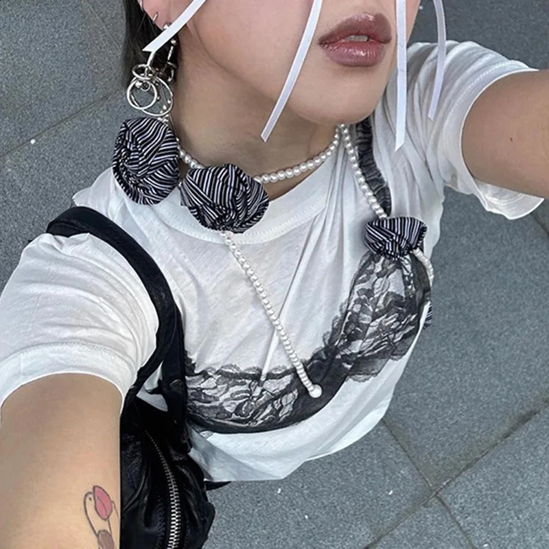 Black Lace Bra Print White Graphic T-Shirt Fashion Woman Blouse Tees O Neck Short Sleeve Casual Street Sweats Tops 240801