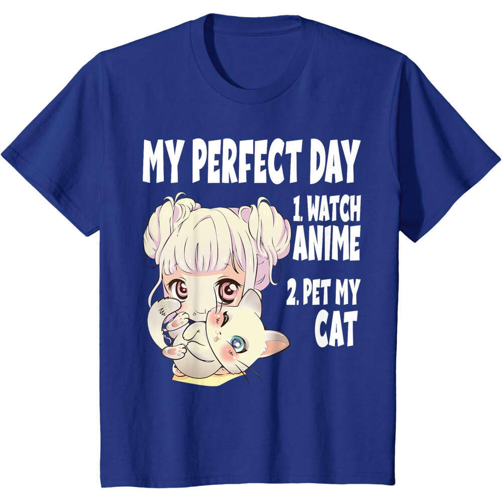 T shirt Mens Womens Funny My Perfect day Anime and Cat Lover Manga T-Shirt shirts tshirt graphic tee Casual tops summer clothes Short sleeve Free ship
