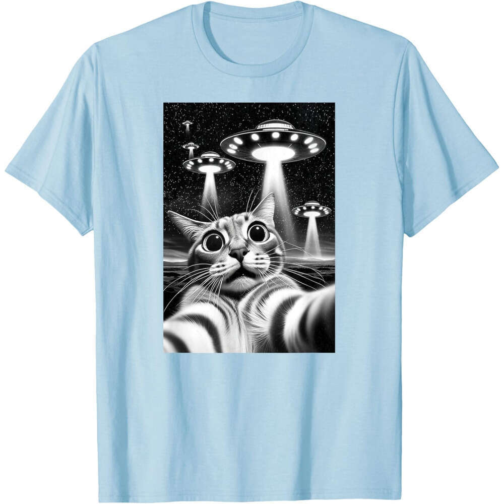T shirt Mens Funny Invasion Meme Retro Alien Cat UFO Selfie T-Shirt shirts tshirt graphic tee Casual tops summer clothes Short sleeve Free shipping
