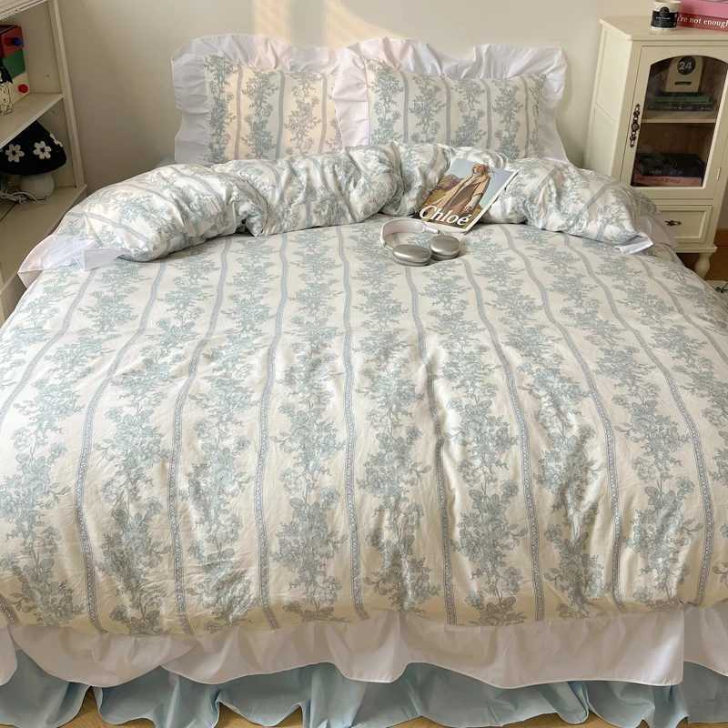 Korean style princess flower washed cotton bedding retro French floral lace ruffled down duvet cover pillowcase W240801