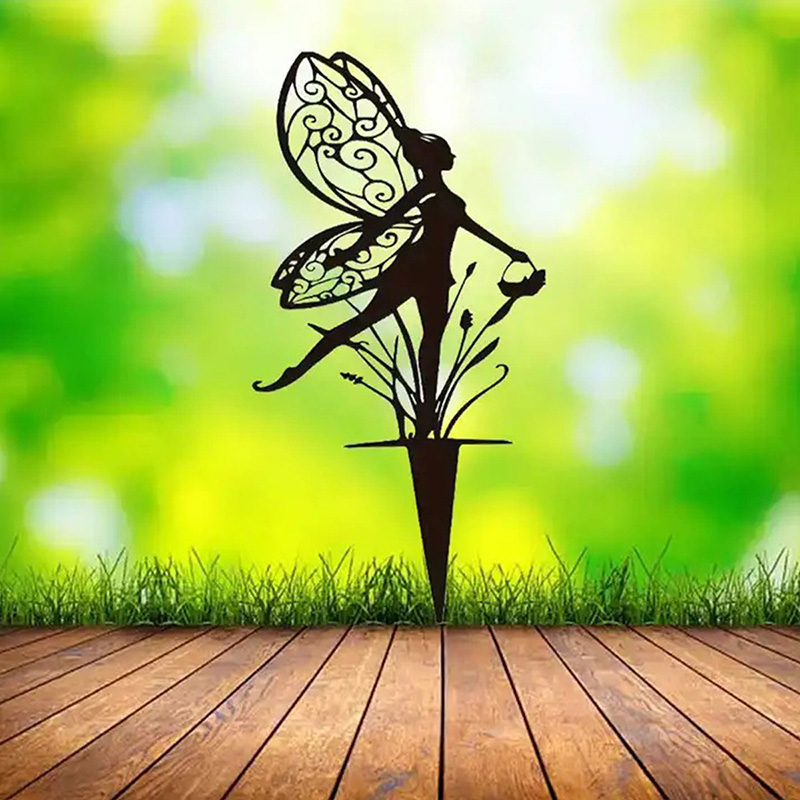 Fairy Garden Elf Metal Carrying Basket Fairy Silhouette Patio Sign For Garden Decor Outdoor Fall Decor Fence Top