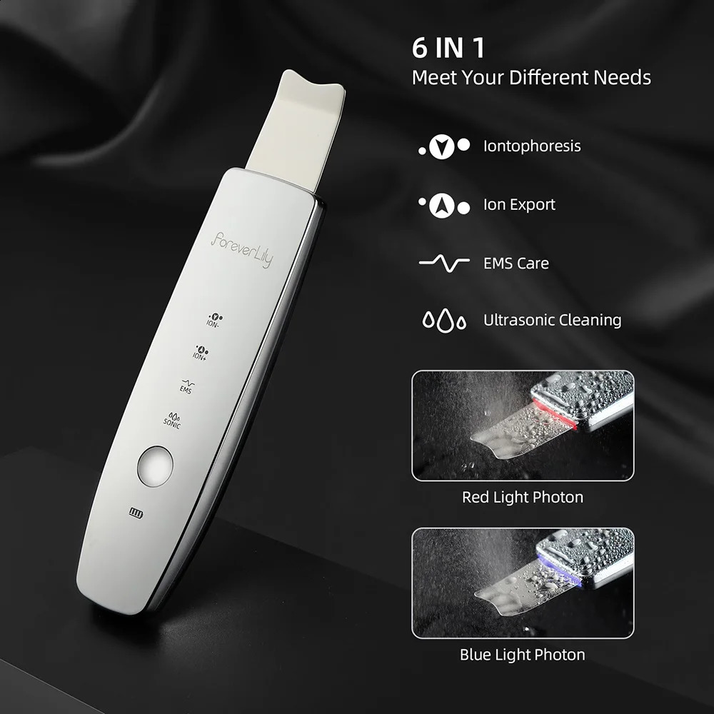6 in 1 EMS Ultrasonic Skin Scrubber ION LED Pon Skin Lifting Massager Face Spatula Blackhead Remover Deep Cleansing 240718
