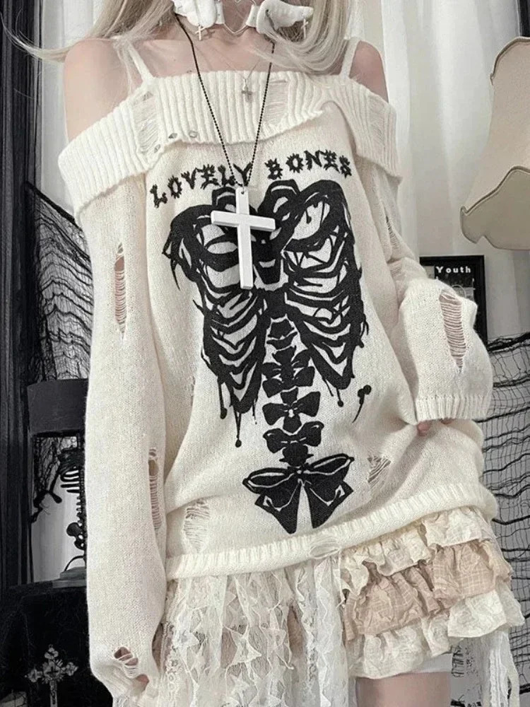 HOUZHOU Y2k Harajuku Gothic Knitted Pullovers Women Japanese Fashion Sexy Skull Off The Shoulder Punk Girls Hole Loose Sweater 240812