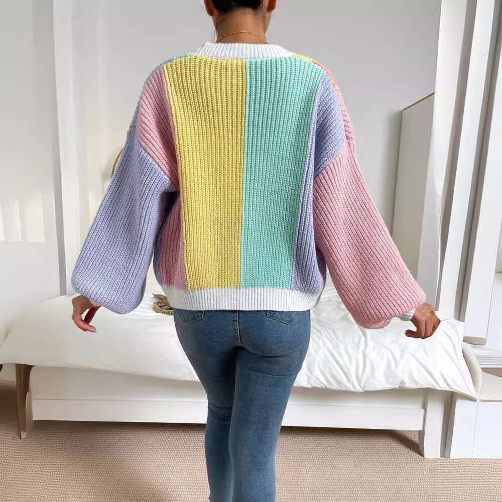 Dopamine splicing color blocking design exudes a stylish and fashionable vibe. Knitted cardigan womens lazy style long sleeved top sweater
