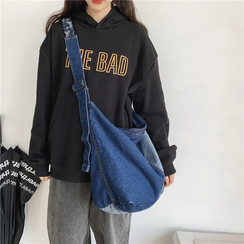 Oversized Patchwork Tote Bags For Women Latest Trend Shoulder Crossbody Bag Braided Strap New Denim Fabric Big Capacity Shopper 240731