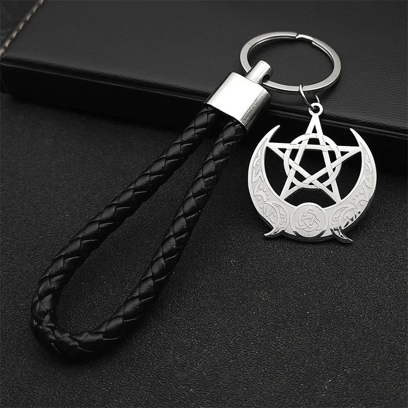 Triple Moon Goddess Witch Knot Stainless Steel Pendant Keychain for Women Men PU Leather Pentagram Star Bag Charm JewelryK26657 240731