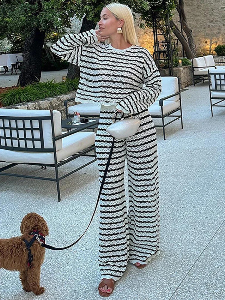 Striped Knittted Top Pants Suit Women Loose Hollow Out O-neck Short Tops Pullover Wide Leg Trousers Two Piece Set Female 2024 240813