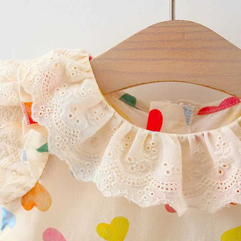 Summer New Baby Girl Dress Lace Small Sleeves Sweet Princess Dress Love Print Full Print Fold Fluffy X250220