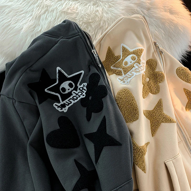 Y2k Clothes Corduroy Embroidery Sweatshirt Hip Hop Oversized Casual Hoodie Womens Autumn Zipper Punk Loose Jacket Cardigan 240806