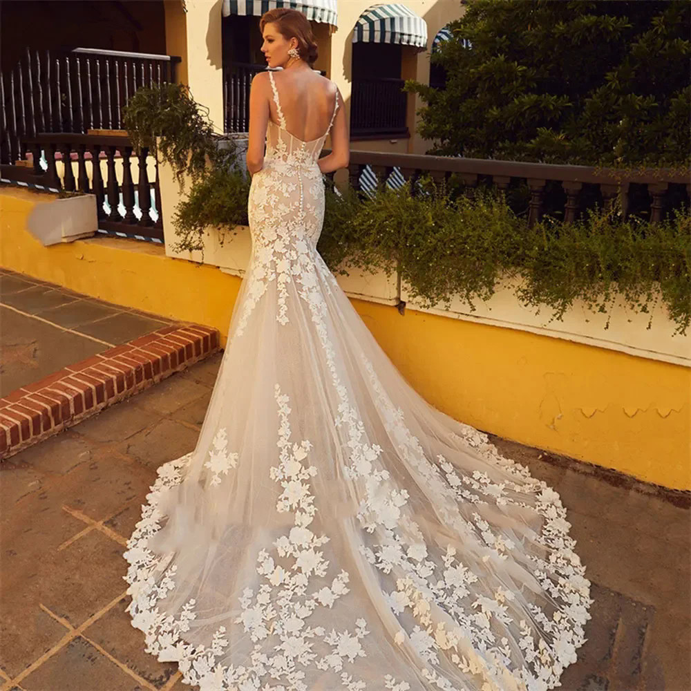 Elegant Sweetheart Wedding Dress Spaghetti Straps Lace Appliques Zipper Back Floor Length Bridal Gown Vestido de Novia