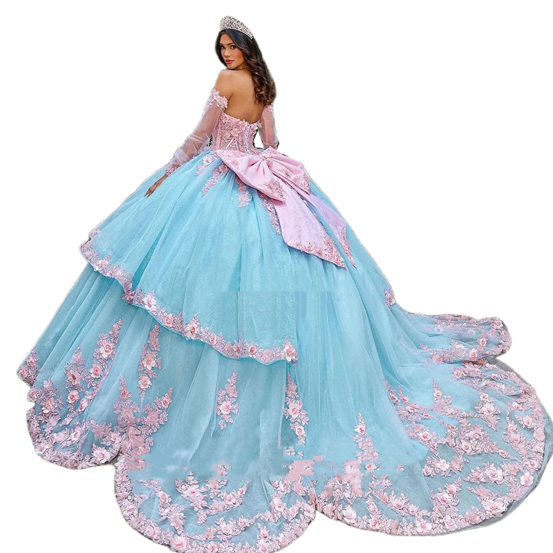 Gorgeous Light Sky Blue Princess Quinceanera Dresses With Pink 3D Floral Appliques 2026 Flowers Bow Back Colorful Sweety Birthday Party Dress For 15th