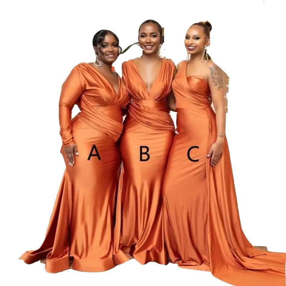 Bridesmaid Dresses Mermaid African Orange Plus Size Nigeria Girls Summer Wedding Guest Dress Sexy V neck Long Maid of Honor Gowns Sweep Train