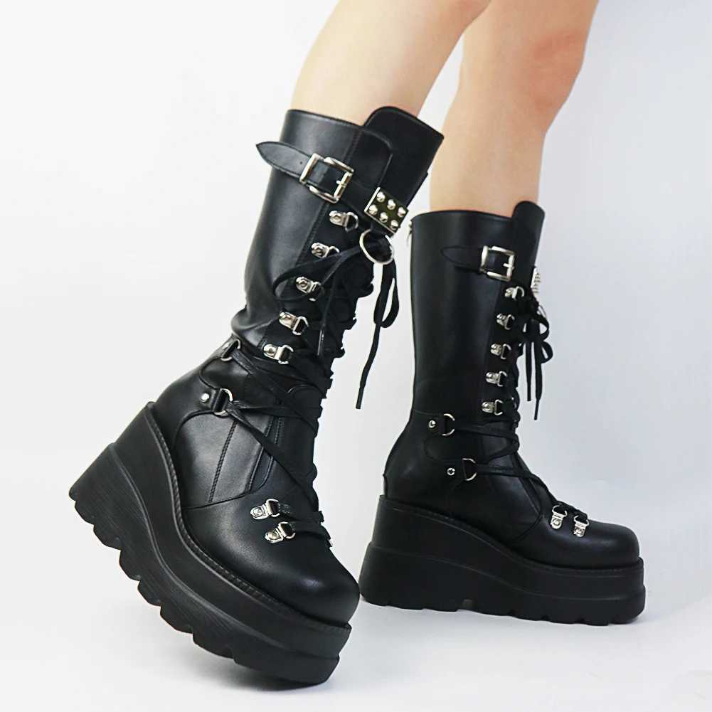 Gothic Style Platform Vampire Cosplay Women Mid-calf Boots 2023 Autumn Wedges Comfortable Woman Motorcycle Boots Shoes Plus SizeCL240801