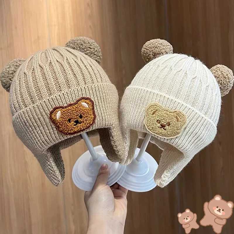 Cute Bear Beanie Caps Baby Girls Winter Warm Knitted Ear Protection Earmuffs Bonnet Hat Kids Pompom Bonnet HatsXJ241213
