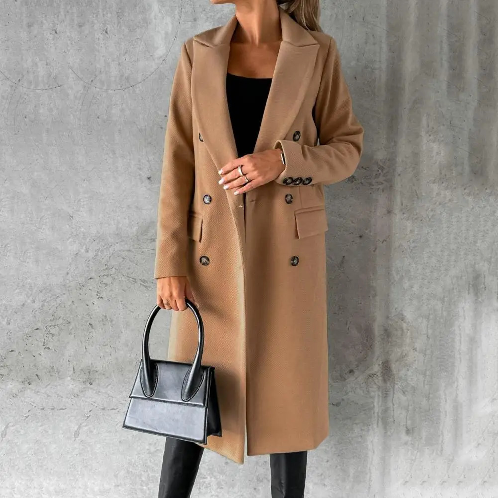 Women Long Jacket Slim Fit Double Breasted Solid Color Woolen Coat Autumn Winter Turndown Collar Outerwear Overcoat 240822