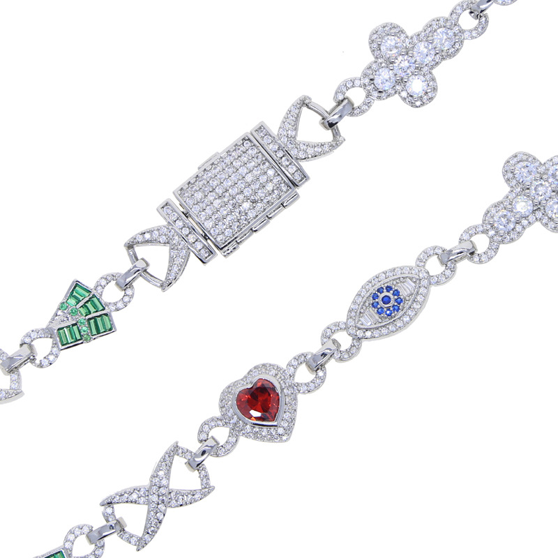 Hip Hop Colorful Charm Eye Cross Heart Cuban Chain Necklace 5A Zircon Rap Jewelry