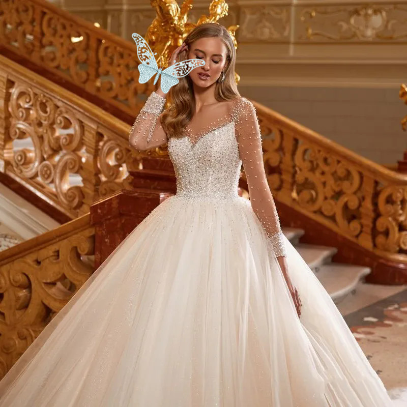 Princess Long Sleeves Bridal Ball Gown Luxury Squined Beaded Lace Appliques Wedding Dresses Button Vestidos De Novia