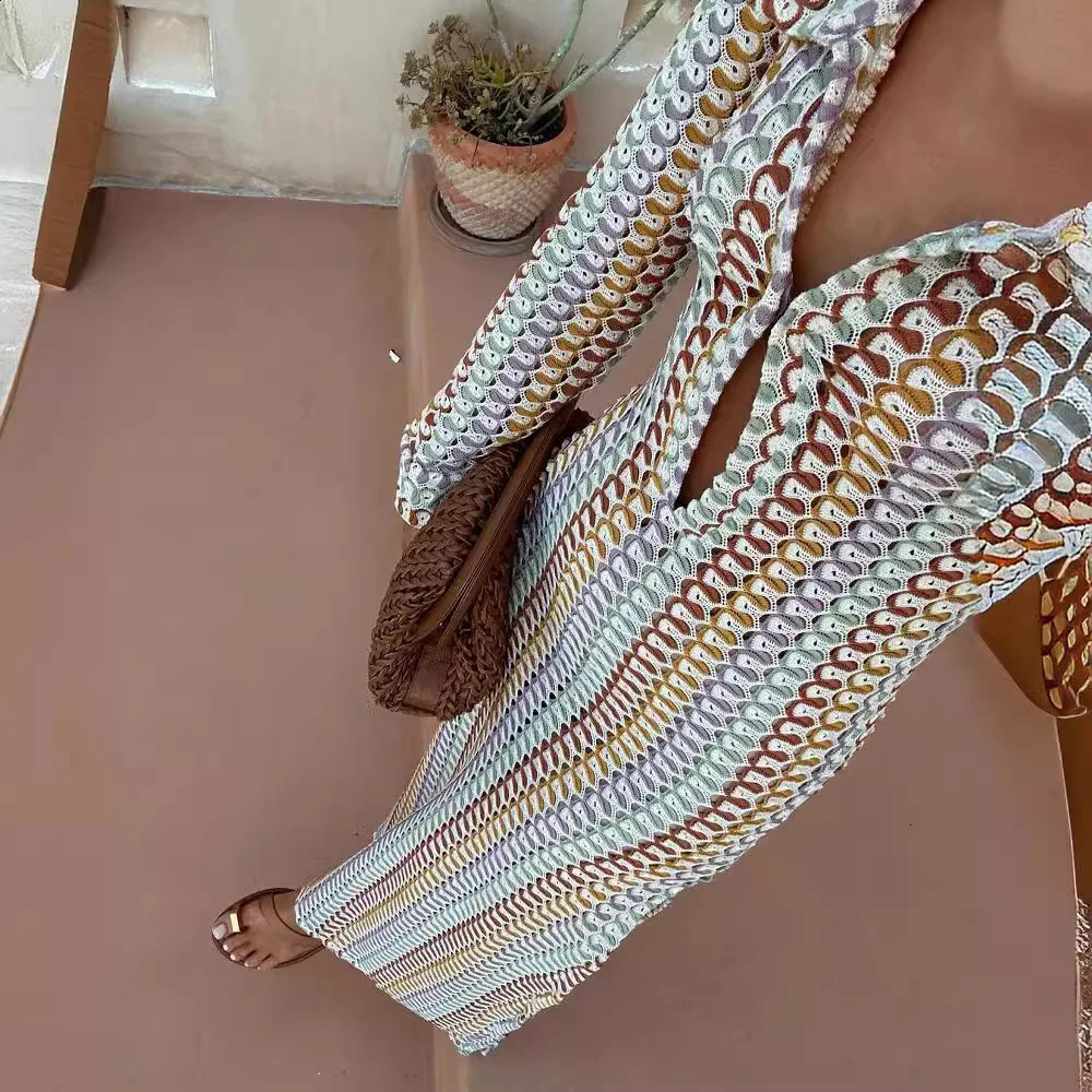 Colorful Knitted Beach Dress Women Fashion Hollow Out Slim Bohemia Dress Summer Elegant Long Sleeve Bikini Cover Up Dress 2024 240731