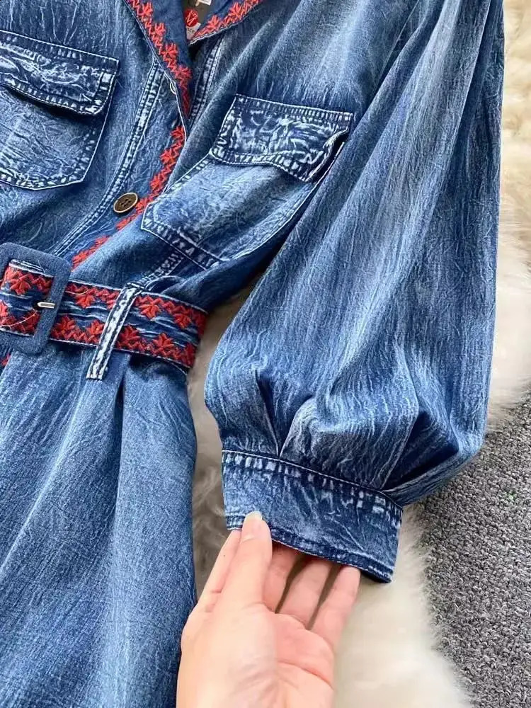 Autumn Fashion Blue Denim 100% Cotton Cowboy Dress Women Notched Three Quarter Sleeve Embroidery Jeans Elegant Long Vestidos 240801