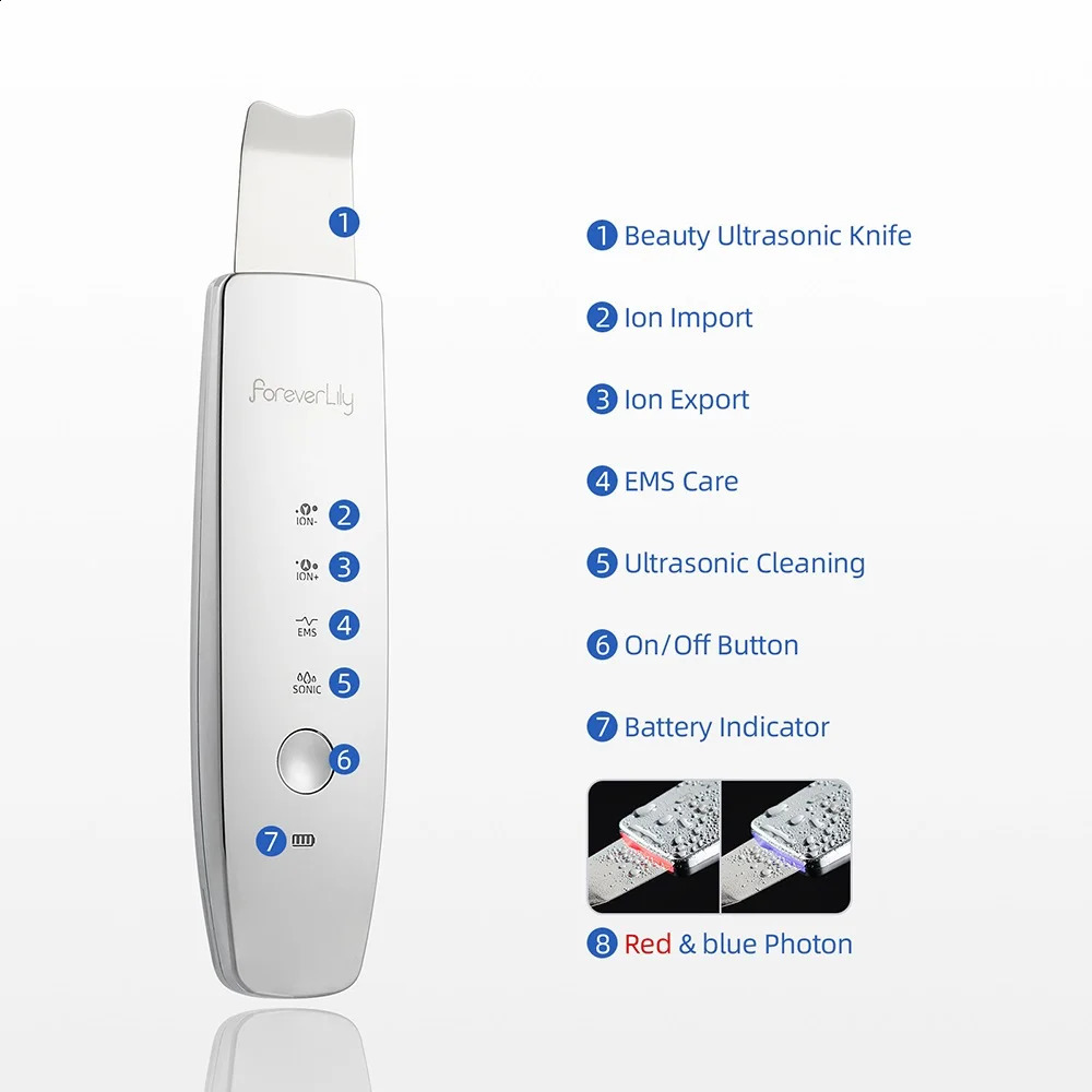 6 in 1 EMS Ultrasonic Skin Scrubber ION LED Pon Skin Lifting Massager Face Spatula Blackhead Remover Deep Cleansing 240718