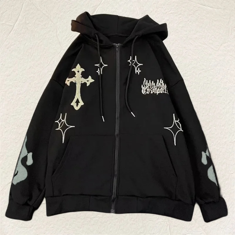 Y2K Women Zipper Chic Hoodies Fashion Autumn Winter Embroidered Oversized Sweater Coats Casual Holiday Loose Female Sweatshirt 240812