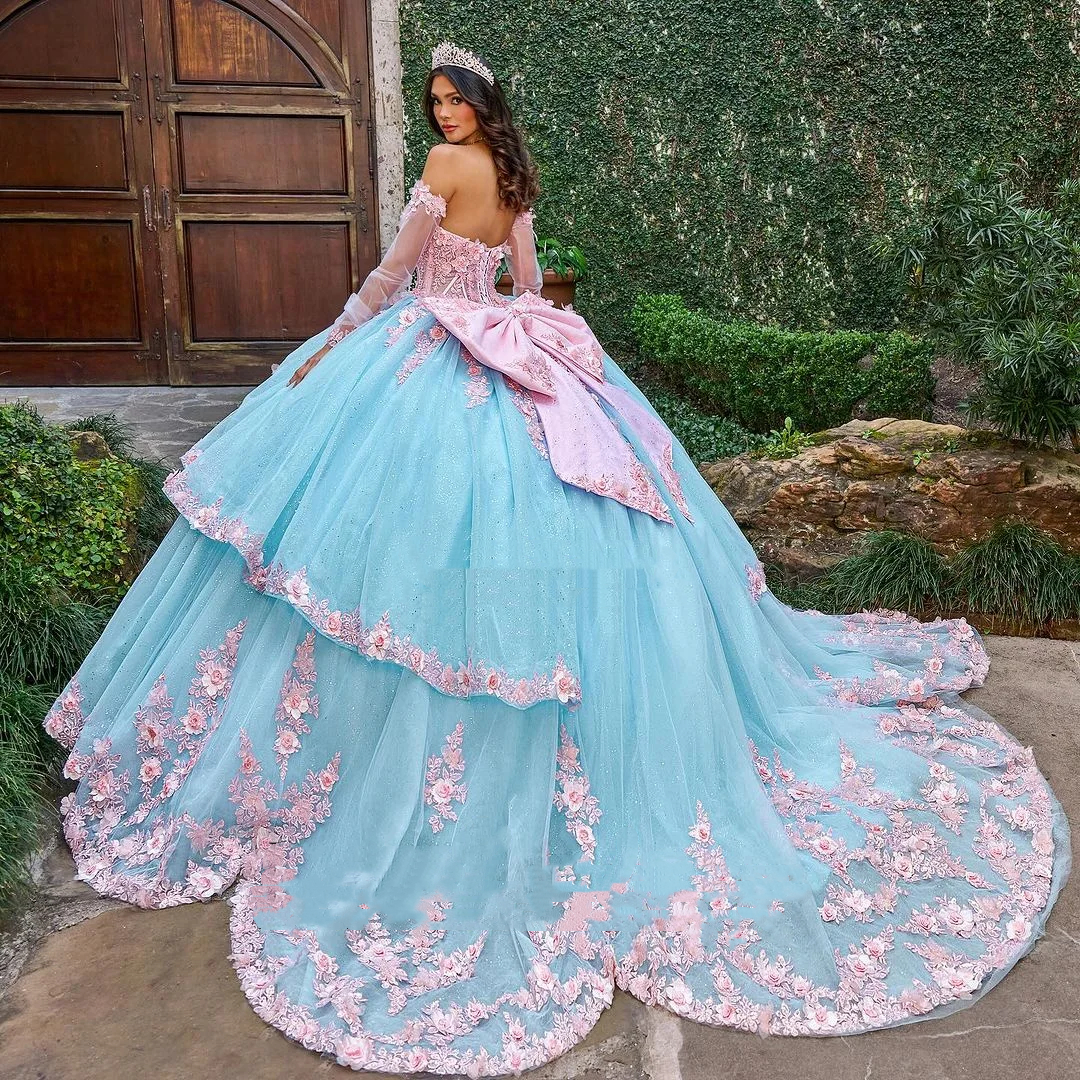 Gorgeous Light Sky Blue Princess Quinceanera Dresses With Pink 3D Floral Appliques 2026 Flowers Bow Back Colorful Sweety Birthday Party Dress For 15th