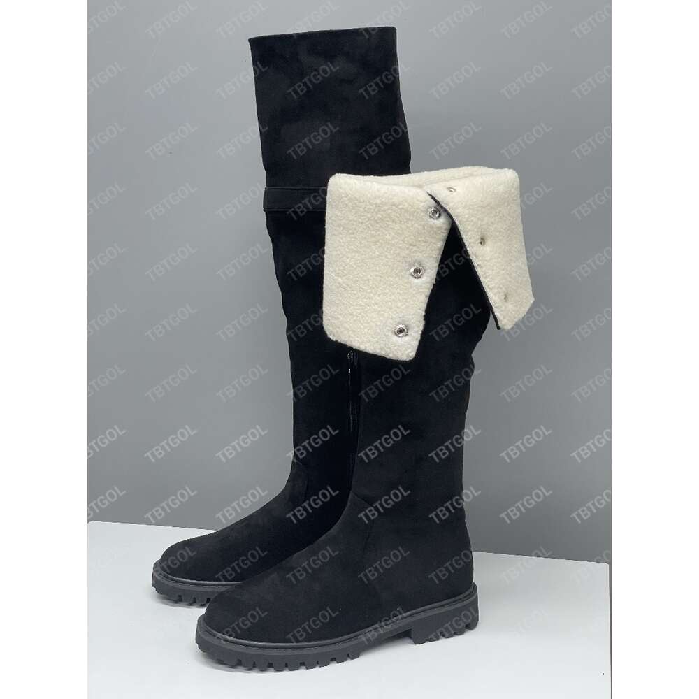 High Quality Knee Boots Classic Designer Leather Casual Boots For Winter Round Toe Heel 7cm Thick Heel Flat Bottom Black Apricot Side Zipper Woman Siz