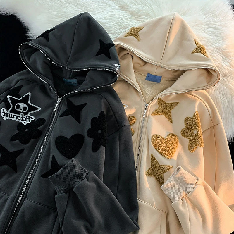 Y2k Clothes Corduroy Embroidery Sweatshirt Hip Hop Oversized Casual Hoodie Womens Autumn Zipper Punk Loose Jacket Cardigan 240806