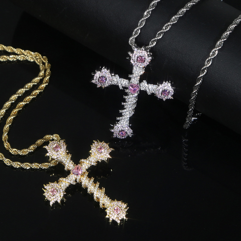 Hip Hop Pink Ziron Cross Pendant Necklace White Gold Plated Lover Couple Religious Jewelry Gift