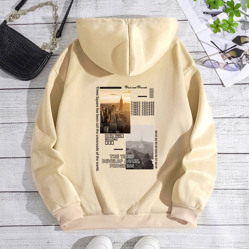 New autumn winter with city scenery, fashionable printing, hooded back cover, collar and velvet hoodie for women F8.1#25