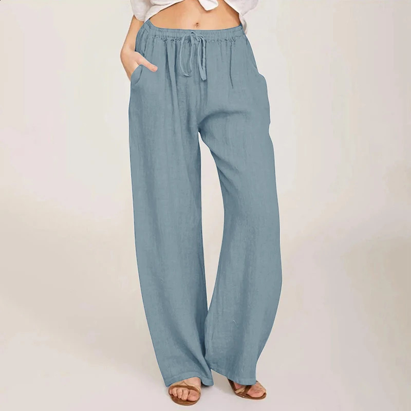 Epligg Summer Autumn Cotton Linen Wide Leg Pants for Women Pants Full Length Casual Pants Female Solid Loose Straight Trousers 240801