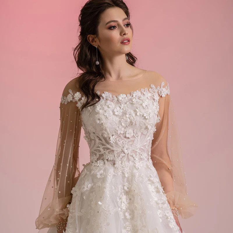 Modern Scoop Neck Puff Sleeves Wedding Dress Lace Appliques Beaded Pearls Vestidos De Noiva Elegant Bridal Ball Gown