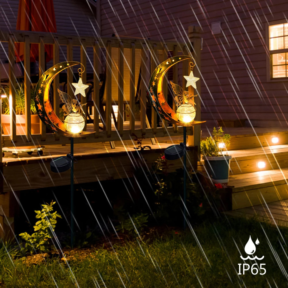 Moon Solar Light Waterproof Garden Decoration Lamp Iron Art Elf / Flower Fairy Lamp LED Glass Ball Garden Light for Outdoor Yard 240801