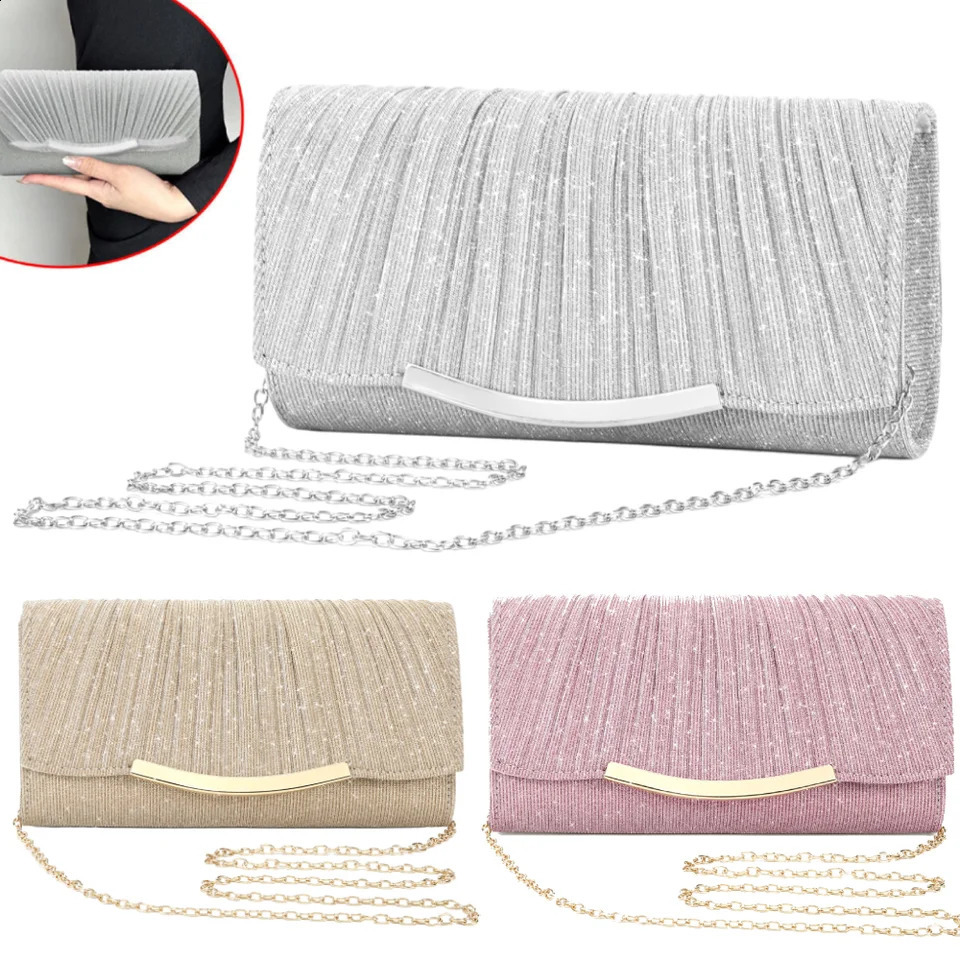 Evening Clutch Bags Fashion Women Elegant Silver Gold Shiny Handbag Wedding Party Long Purses Banquet Shoulder Bag 240731