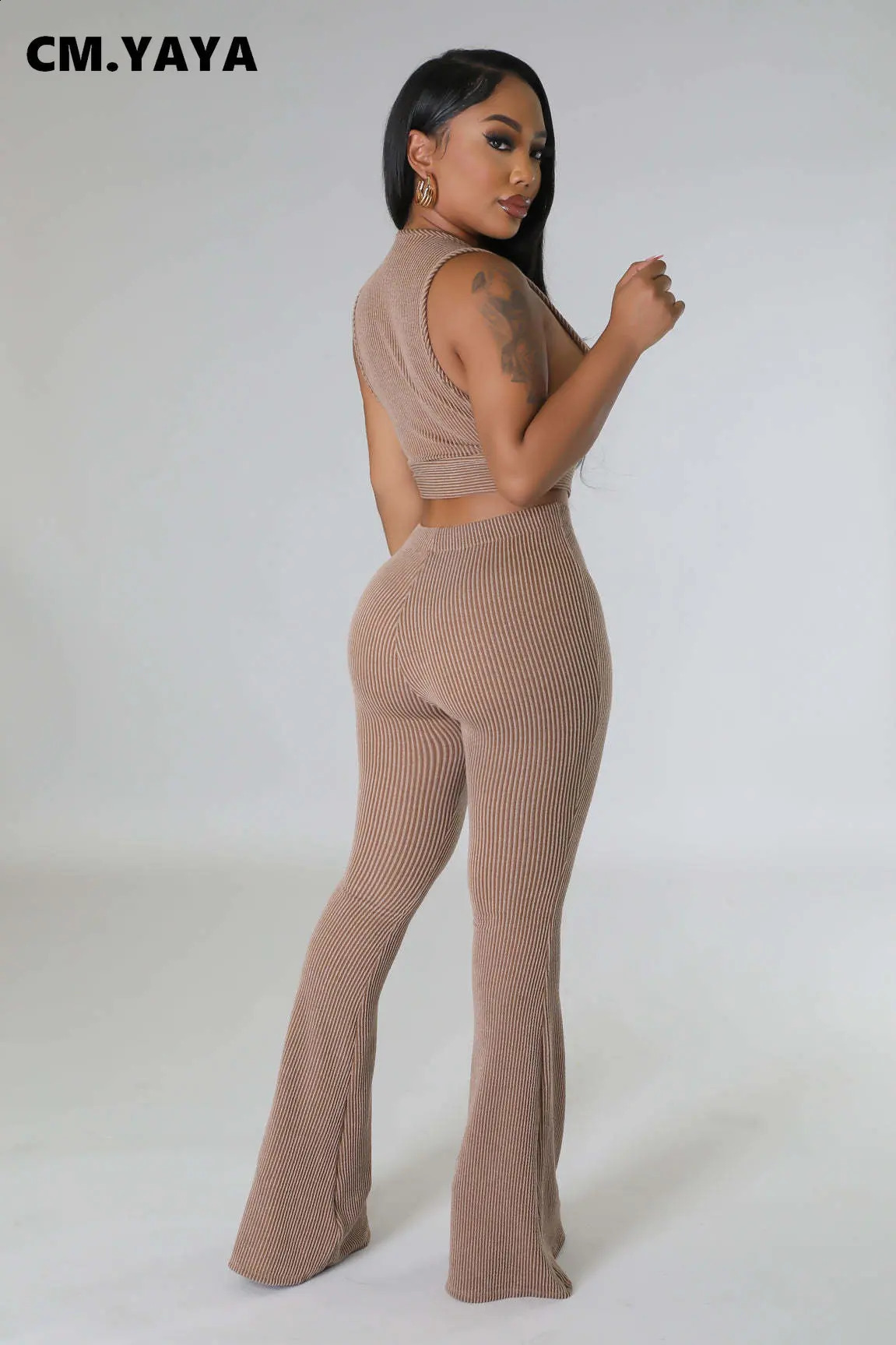 CM.YAYA Knit Ribbed Womens Set Open Side Tank Top and Flare Pants Suit Summer Active INS Two 2 Piece Set Outfit Tracksuit 240813