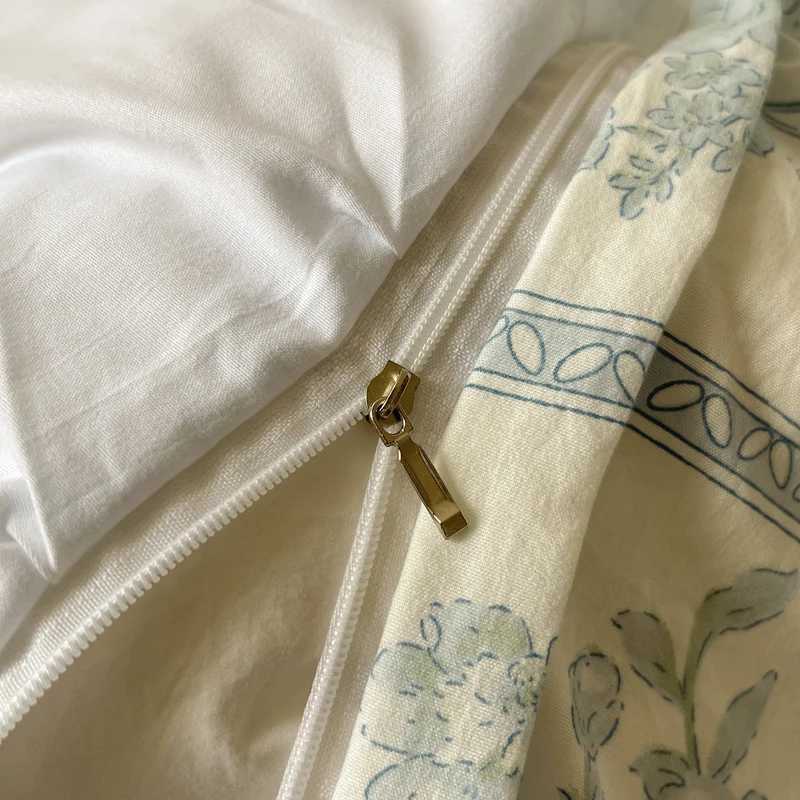 Korean style princess flower washed cotton bedding retro French floral lace ruffled down duvet cover pillowcase W240801