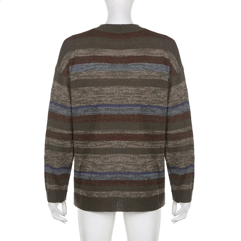 Imcute Women Y2K Argyle Striped Pullover Sweater Casual Long Sleeve Round Neck Vintage Preppy Style Pullover Knitwear 240812