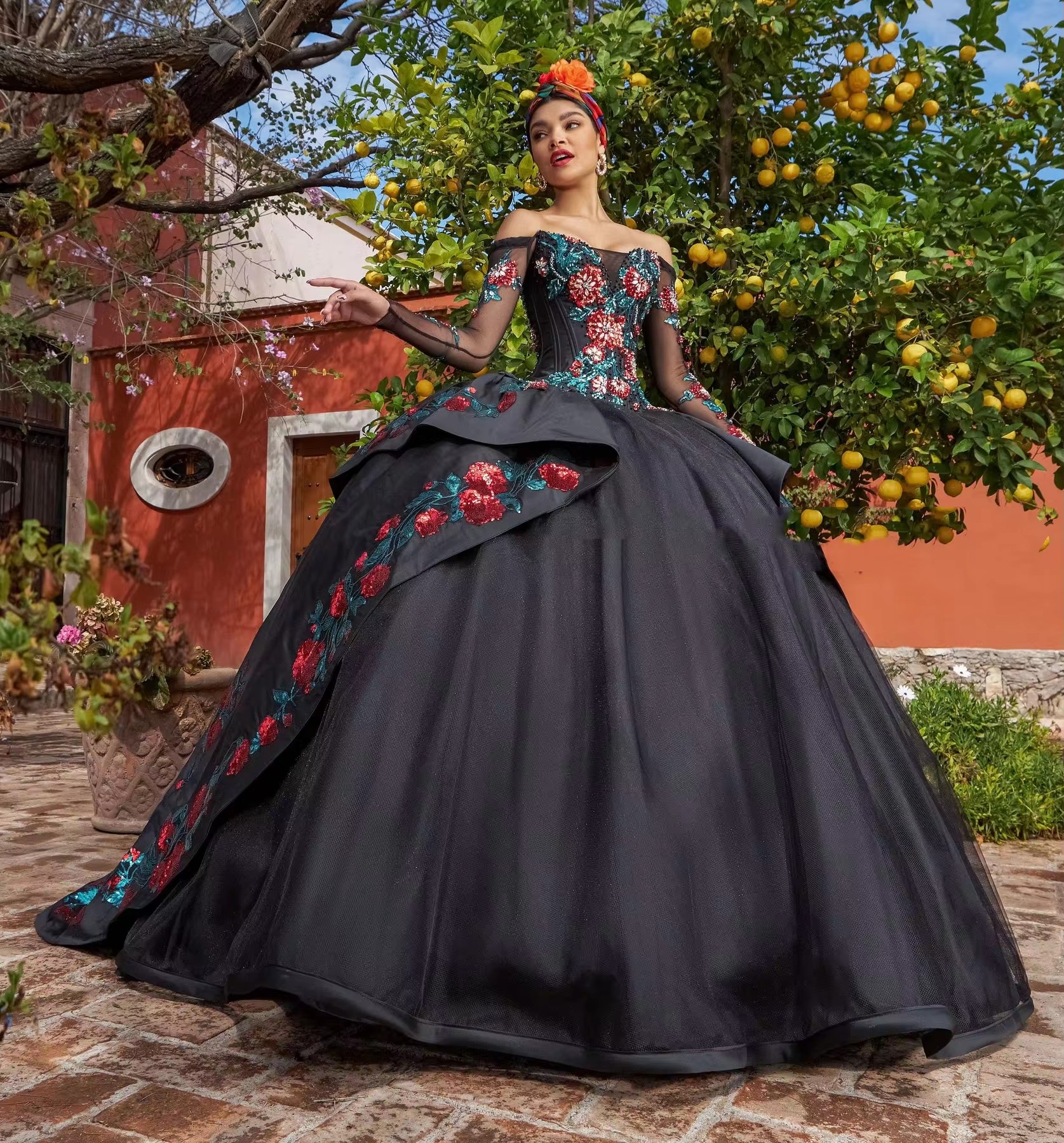 Charro Black Quinceanera Ball Gown Long Sleeves Tulle Appliques Pearls Puffy Mexican Sweet Dresses Anos