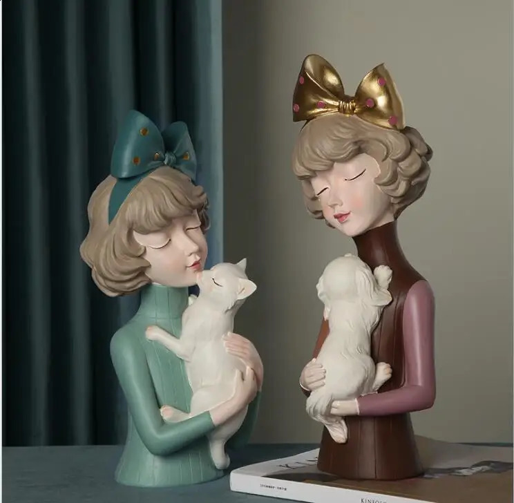 Simple and cute girl hugs dog and cat resin statue home accessories decoration craft coffee table sculpture birthday gift art 240731
