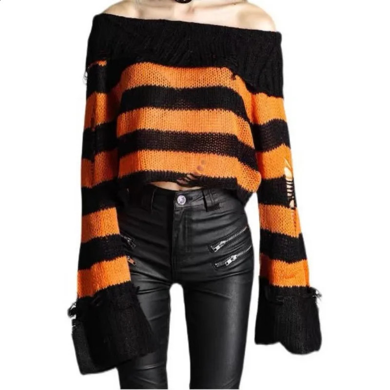 Deeptown Gothic Striped Cropped Women Knit Sweater Off Shoulder Y2K Hole Pullovers Harajuku Vintage Spring Punk Korean Fashion 240812