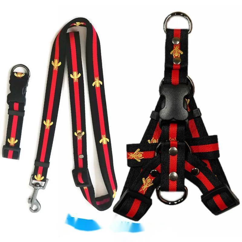 Nylon dog collar Leashes Set Designer Dog Leash Harnesses Embroidery Bee Pet Collar and Pets Chain for Small Medium Large Dogs Cat Chihuahua Poodle Co