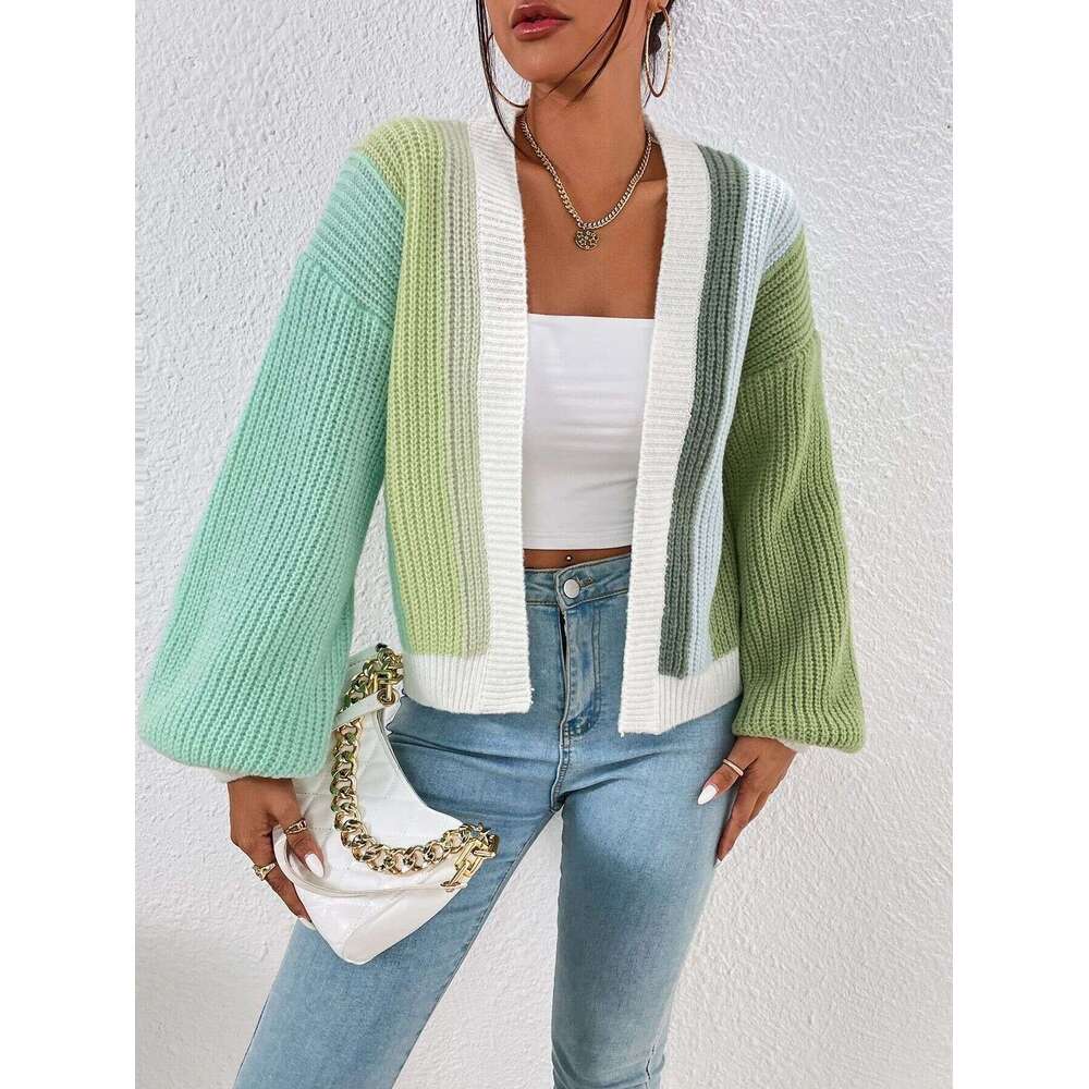 Dopamine splicing color blocking design exudes a stylish and fashionable vibe. Knitted cardigan womens lazy style long sleeved top sweater