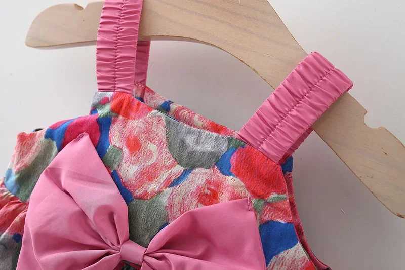 Girl's Dresses 2 Pcs Summer Baby Girl Dress Sweet Oil Painting Flower Big Bow Cotton Cloth Dress Gift Hat Suitable for 0-3 Years Old