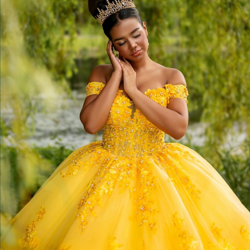 Mexico Yellow Shiny Ball Gown Quinceanera Ral Appliques Beaded Tull Sweet 16 Dress Lace Up Vestido De 15 Anos Bc20114 0220