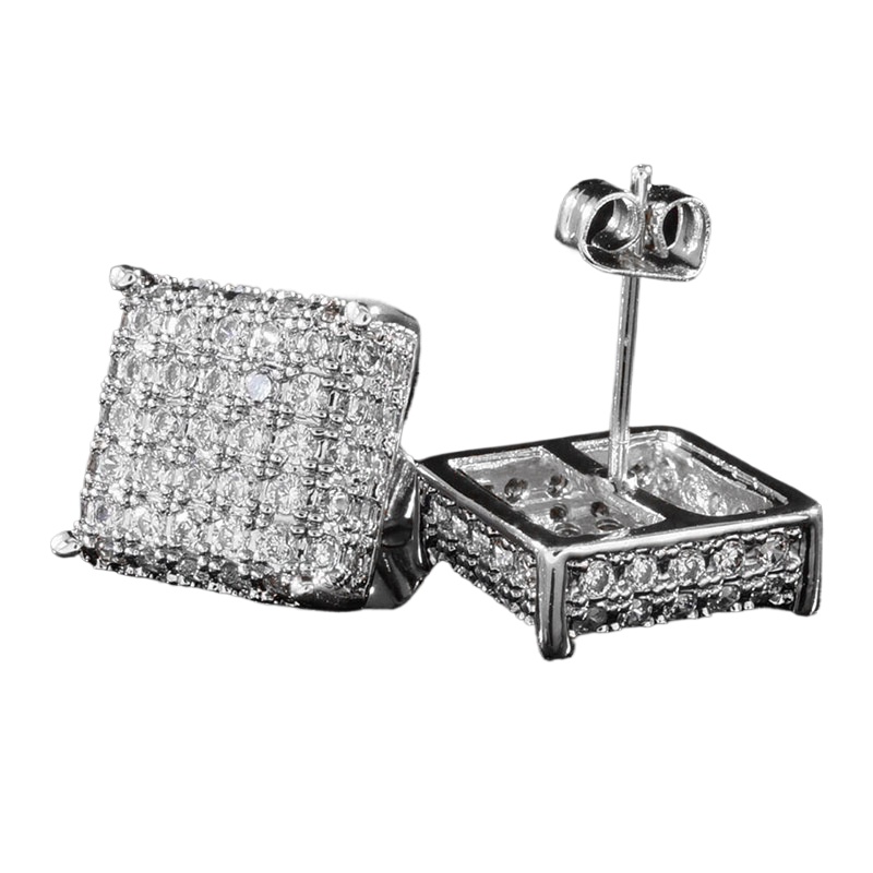 Trendy Gold / Silver Color Bling Out Iced AAA Three-dimensional Zirconia Micropave Square Hip Hop Stud Earrings for Men Woman