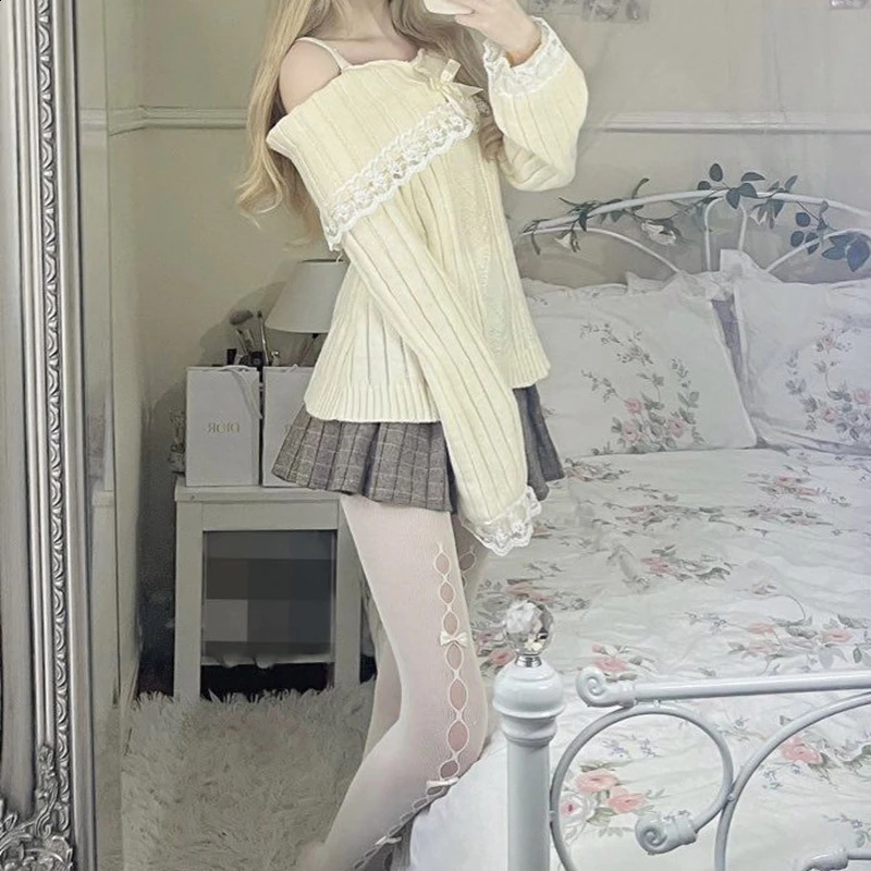 Kawaii Lace Trim Off Shoulder Pullovers Pretty Cute Outfits Harajuku Cosplay Sweater Y2K Aesthetic Vintage Long Sleeve Jumpers 240801